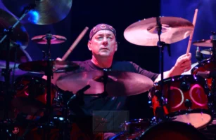 Neil Peart of Rush performing during the R40 Live 40th Anniversary Tour at Irvine Meadows Amphitheatre, 2015, photographed by Annamaria DiSanto