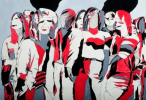 Red, black and white abstract illustration of a crowd by Annamaria DiSanto