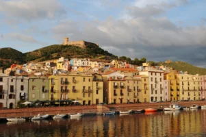 TEMO RIVER, MALASPINA CASTLE, BOSA, SARDINIA, ITALY View of the Temo River and Malaspina Castle on the hill in Bosa, Sardinia, Italy, photographed by Annamaria DiSanto