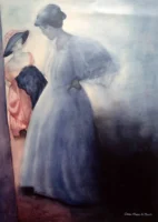 Watercolor painting of two colonial women by Annamaria DiSanto