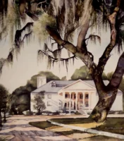Watercolor painting of a southern plantation mansion